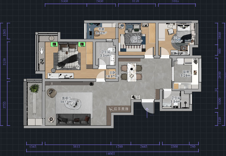 熊皓宇｜江南青年城翠湾苑-130㎡-现代风格｜4室2厅2卫｜新房装修｜半包7